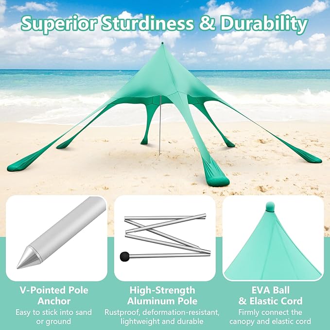 Tangkula Beach Canopy Tent UPF50+ Beach Sun Shade with Sand Shovel 6 Ground Pegs 6 Sandbags Supporting Pole Carry Bag Pop Up Beach Sun Shelter for Camping Fishing Trip