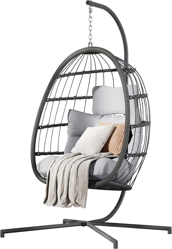 HWB Hanging Egg Chair with Stand Patio Wicker Egg Swing Chair with Cushion for Bedroom Garden Indoor Outdoor (Grey)