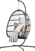 HWB Hanging Egg Chair with Stand Patio Wicker Egg Swing Chair with Cushion for Bedroom Garden Indoor Outdoor (Grey)