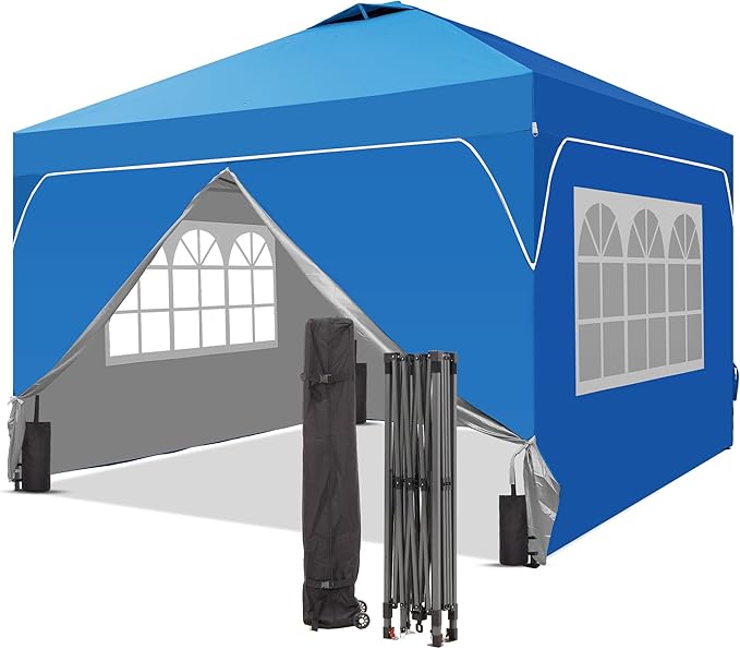 GDY 10x10 Patio Pop Up Canopy Tent with 4 Sidewalls Easy Set up with One Push Lift Outdoor Silver Coated Beach Gazebos Carpas with 4 Sandbags for Parks PartiesCamping Blue.