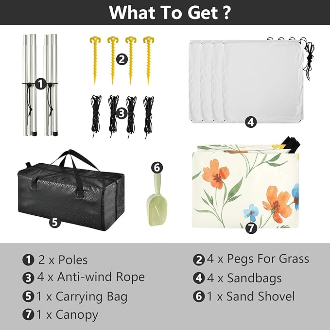 xigua Wildflowers Beach Tent Sun Shelter with Carrying Bag - Silver Coated Oxford Fabric Beach Canopy for Beach Camping Fishing - Includes Windproof Ropes Sandbags &amp Stakes