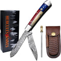 Damascus Steel Pocket Folding Knife Trapper folding knife Knife Leather Sheath Custom Hand Forged knives for Outdoor Survival Hunting Camping edc &amp Hiking Edge Sharpner Rod (TEXAS FLAG HANDL