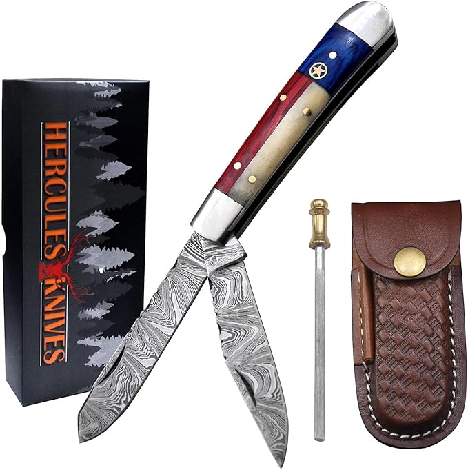 Damascus Steel Pocket Folding Knife Trapper folding knife Knife Leather Sheath Custom Hand Forged knives for Outdoor Survival Hunting Camping edc &amp Hiking Edge Sharpner Rod (TEXAS FLAG HANDL