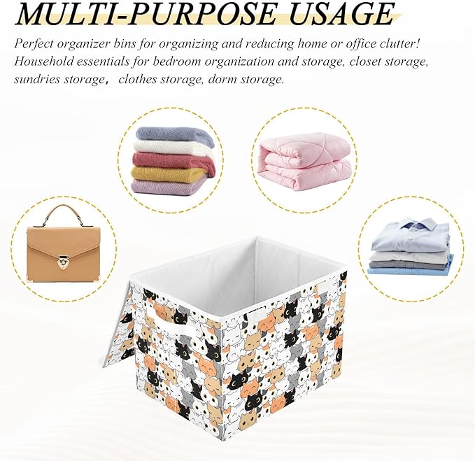 Storage Box Cat Cartoon Closet Storage Bins with Lids Foldable Oxford Fabric Storage Box for Home Bedroom Closet Office (16.5x12.6x11.8 in)