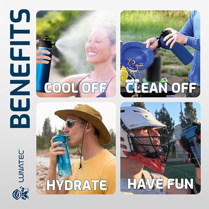 Lunatec® Mist Shower &amp Hydration Spray Lid. 3-in-1 Cooling Cleaning &amp Hyydration. Fits Hydro Flask® Thermoflask® Nalgene® &amp Takeya®.