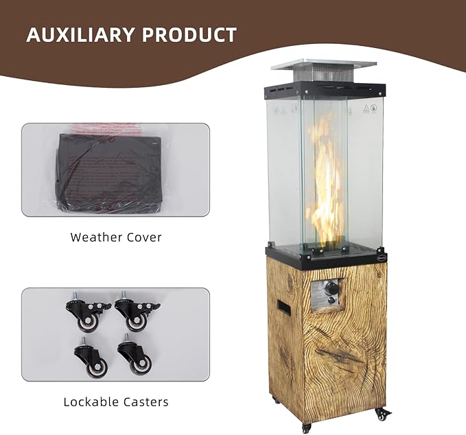Afterglow Outdoor Patio Propane Fire Heater with Weather Cover Glass 41000 BTU Fireplace Patented &amp CSA Certificated Wood Grain Brown