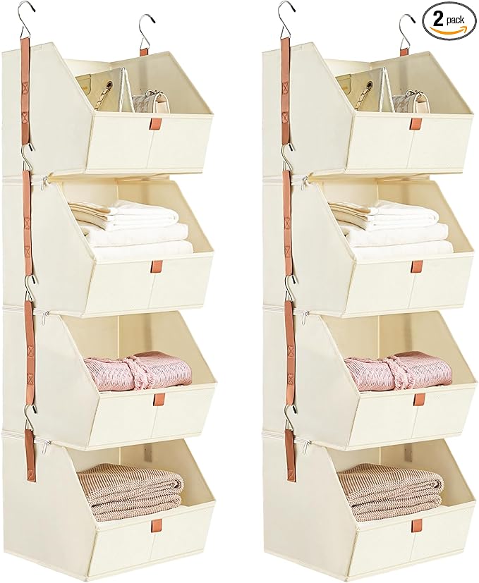 4 Tier Hanging Closet OrganizerDisassemblable Clothes Hanging ShelvesFabric Closet Organizer System for Space-SavingFoldable Storage Basket for Bedroom Rv (2 PackBeige)