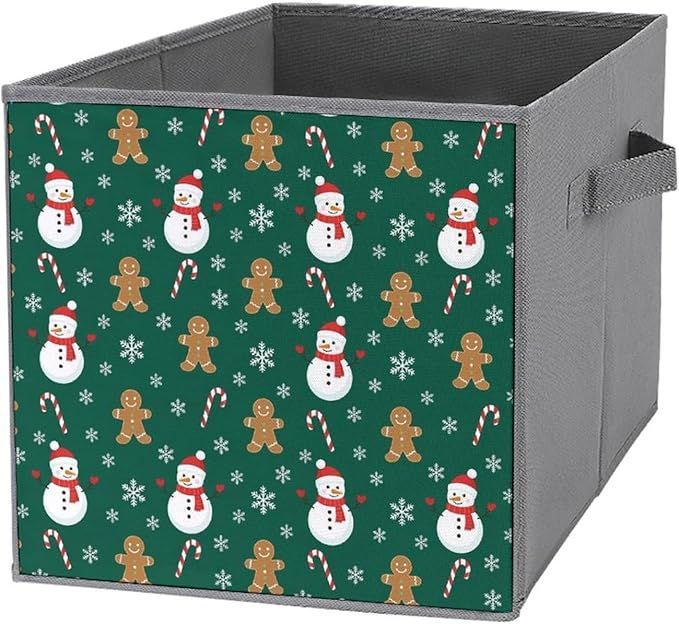 Collapsible Storage Bins with Handles Christmas Gingerbread Snowman Green Foldable Cube Organizer Box for Closet Shelf Toy Storage Space-Saving Home &amp Office Decor