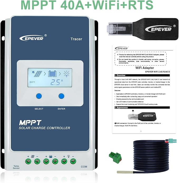EPEVER MPPT Solar Charge Controller 40A 12V 24V Auto + WiFi Adapter Remote Control via APP + Temp Sensor Cable Solar Panels Charger for Lead-Acid LiFePO4 Lithium Battery (Tacer4210AN+WiFi+RTS)