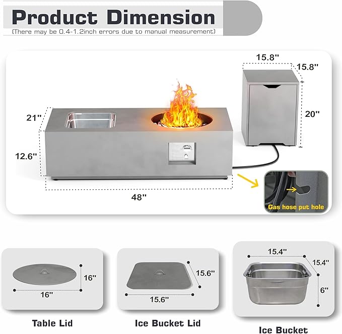 2-Piece 48 Rectangular Propane Fire Pit for Outside Patio with Hidden Tank Table &amp Ice Bucket 50000 BTU Fireplaces with Lid Glass Rocks Cover(Grey w/Ice Bucket)