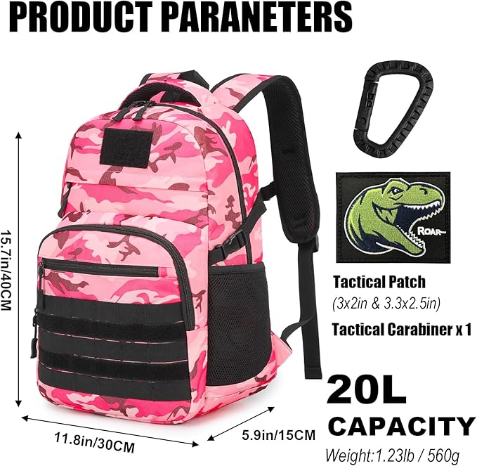 Kids Tactical Backpack Army Molle Bookbag Military Boys Backpack for School Outdoor Camping (Includes 2 Patches+1Carabiner) Pink CM