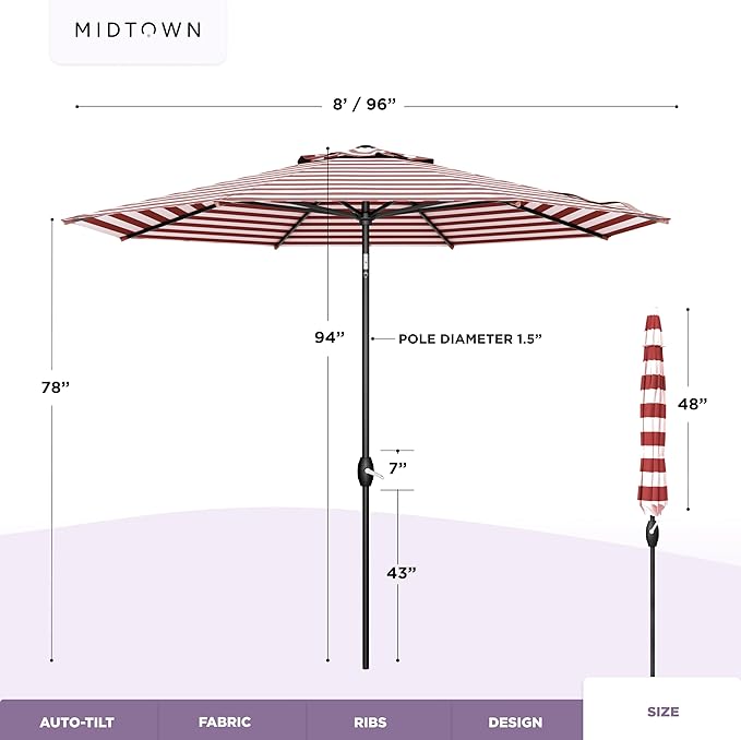 MIDTOWN UMBRELLAS The Lean 8 Feet Outdoor Umbrella With Terylast Red Stripes (Red/White Stripes) Polyester Fabric - 8 Ribs Aluminum Frame Patio Umbrella With Zinc Alloy Crank Lift And Auto-Tilt System