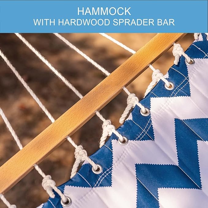 Lazy Daze Hammocks 12FT Quilted Fabric Double Hammock with Spreader Bars and Detachable Pillow 2 Person Hammock for Outdoor Patio Backyard Poolside 450 LBS Weight Capacity Blue Chevron Stripe