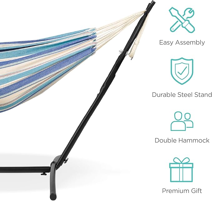 Best Choice Products Double Hammock with Steel Stand Indoor Outdoor Brazilian-Style Cotton Bed w/Carrying Bag 2-Person Capacity - Ocean