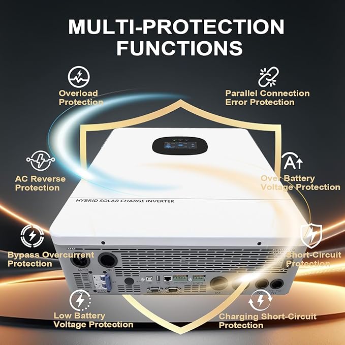 10000W 48V All-in-One Solar Hybrid Inverter UL 20KW Peak Pure Sine Wave 48V DC 120V/240V Single&ampSplit-Phase Dual MPPT 6 Parallel Battery-Free UPS WiFi Lead-Acid/Lithium Off-Grid Home &amp