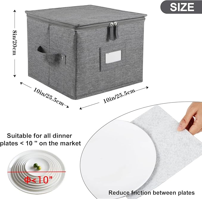 popoly China Storage Containers Hard Shell Inside 10 W x 8 H Salad Plate Storage Containers for Dishes Dinnerware with 24 Felt Dividers Hold 24 Plates Foldable and Stackable (2 Pack Grey)