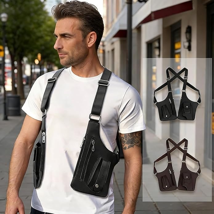 Double Shoulder Bag Adjustable Tactical Armpit Pouch for Men Anti-Theft Underarm Leather Wallet Pocket Holster
