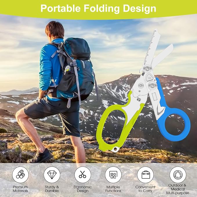 Lemasa6 in 1 Multifunctional Combination Tool Folding Retractable Emergency Shears Outdoor Camping Tools Seat Belt Cutter Oxygen Cylinder Wrench Complimentary Adjustable Wrench (blue-green)