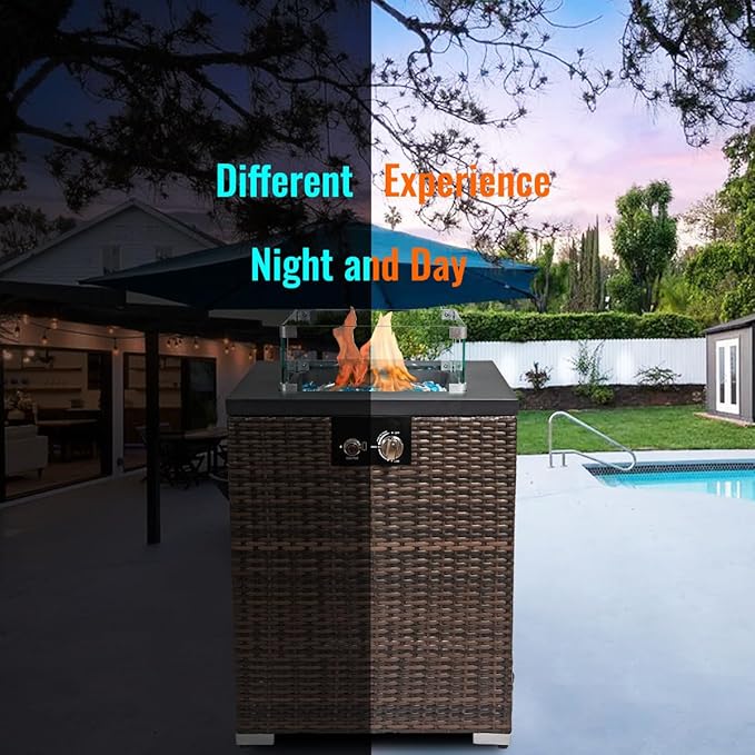 22in Outdoor Propane Gas Fire Pit Table 40000 BTU Auto-Ignition Gas Firepit with Glass Wind Guard Painted Steel Tabletop Mixed Color Glass Rocks Brown PE Rattan