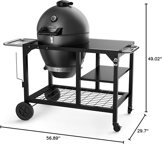 Brand-Man Charcoal Grill &amp Smoker Steel Kamado - 22 Cast Iron Grates Grilling Basket Large Prep Table Cart Ideal for Outdoor Cooking
