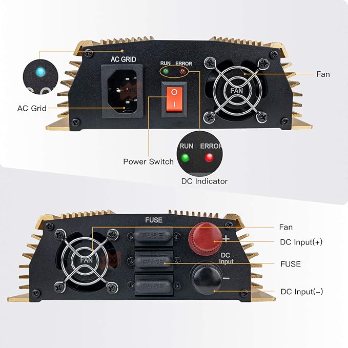 1000W MPPT Pure Sine Wave Grid-Tie Micro Inverter Converts 20-50V DC to 110V/120V AC Perfect for Home Solar or Wind Power Systems.