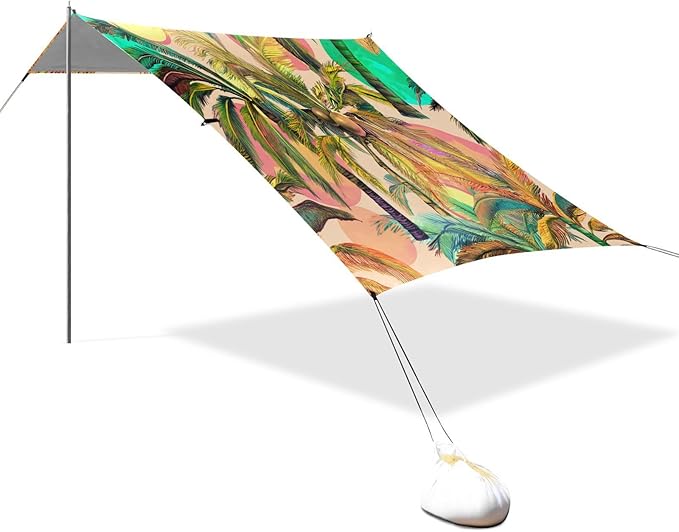 xigua Palm Tree Beach Tent Sun Shelter with Carrying Bag - Silver Coated Oxford Fabric Beach Canopy for Beach Camping Fishing - Includes Windproof Ropes Sandbags &amp Stakes