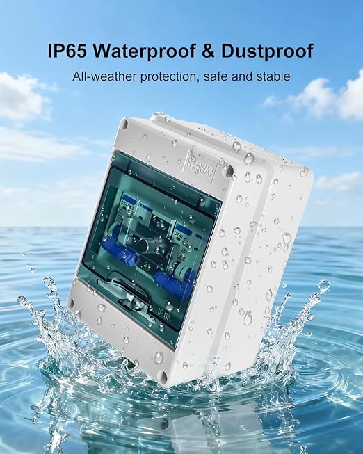 32A Dual Power Manual Transfer Switch IP65 Waterproof Circuit Breaker Box with 2Pcs 2-Pole 32A Circuit Breakers &amp Single-Side Slide Lock for 120 240V Residential and Industrial Application