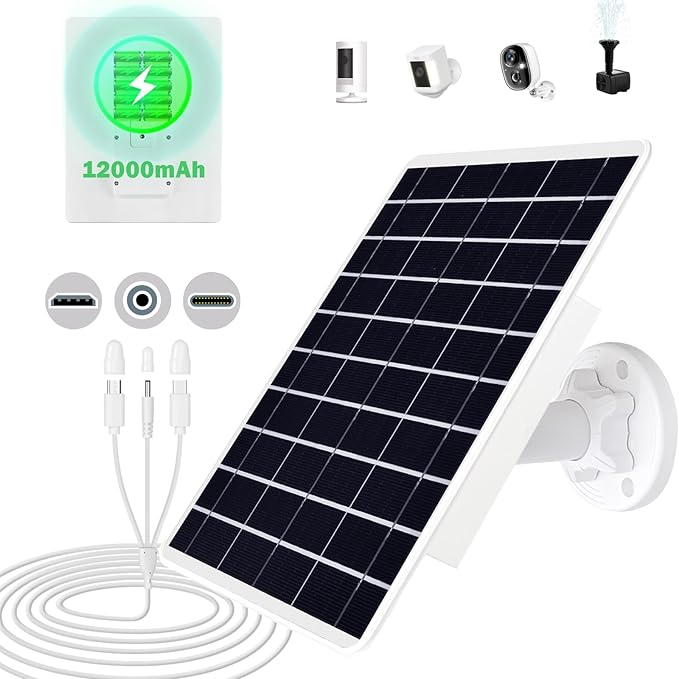 8W Solar Panel Built-in with 12000mAh Battery for Security Camera Outdoor 3in1 Plug Charger Panel for Ring/Eufy/Wyze Battery cam Support Emergency Power for Camping Hiking Lights Phones Tablet PC