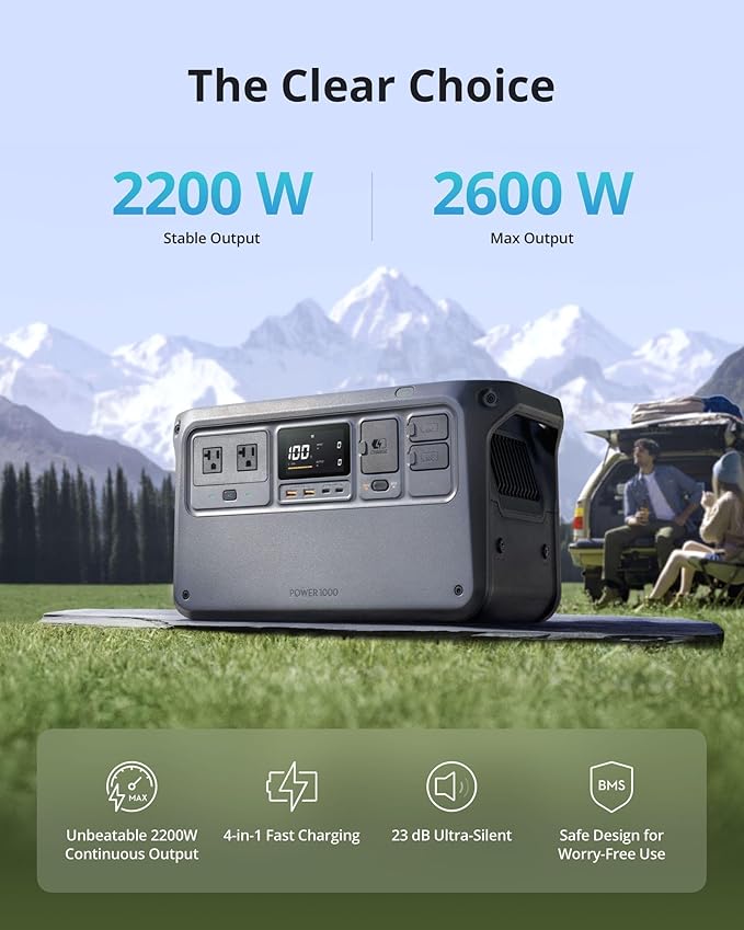 DJI Power 1000 Portable Power Station 1024Wh LiFePO4 Battery 2200W (Peak 2600W) AC/140W USB-C Output 23db Ultra-Silent Solar Generator For Home Backup Camping (Solar Panel Optional)