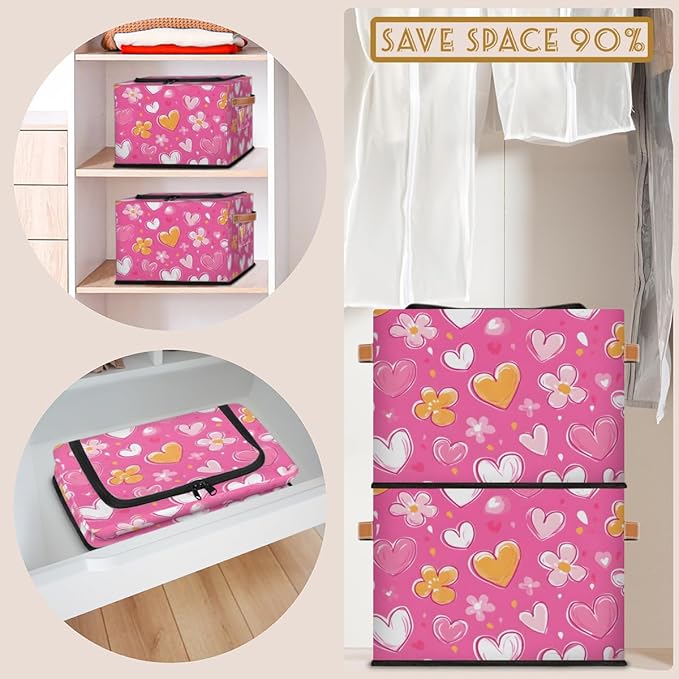 Love Heart Storage Bins with Zipper Lid Pink Yellow Fabric Lidded Storage Baskets Cubes with Handles Decorative Foldable Shelf Closet Organizer Container