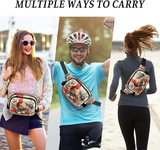 Watercolour Berry Flower Rooster Waterproof Fanny Pack for Women Men Adjustable Waist Bag with Double Zipper Pockets Lightweight Square Hip Pack for Running Travel Hiking Workout Cycling