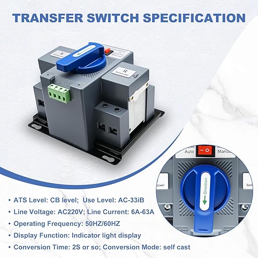 220V 2P 63A Dual Power Automatic Transfer Switch Generator Changeover Switch 50Hz/60Hz with Automatic and Manual Switching Modes