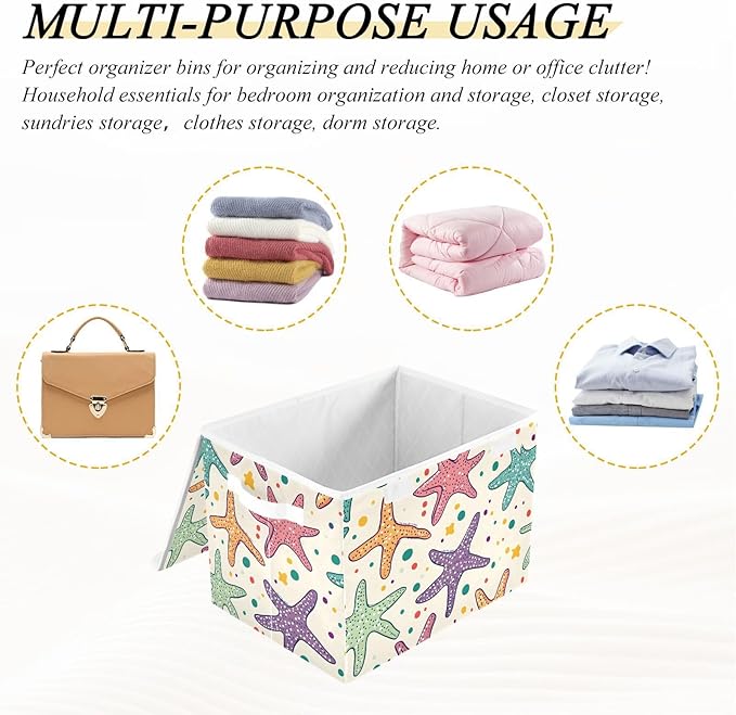 Star Fish Cartoon Storage Cube Bins Basket with Lid Collapsible Flip-top Fabric with Handle for Home Bedroom Closet Office 16.5×12.6×11.8 in