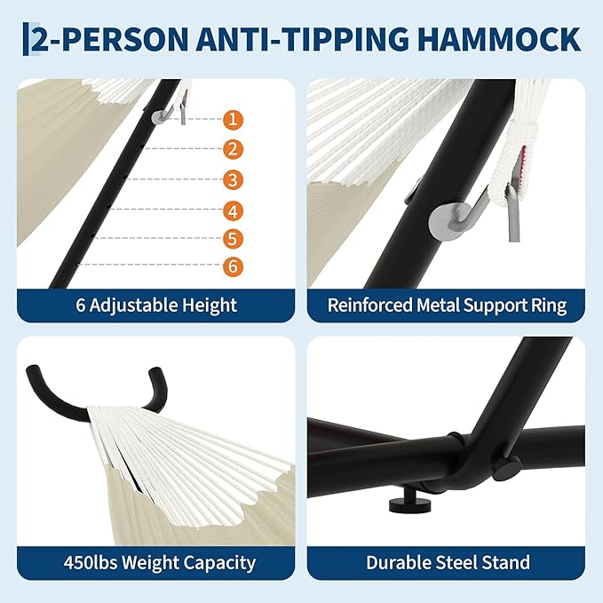 Garvee 2 Person Hammocks with Stand for Outside Double Hammocks Portable Space Saving Heavy-Duty Steel Stand for Indoor Outdoor Patio with Carrying Bag 450 lbs Capacity