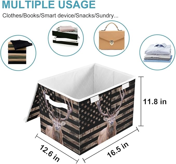 CaTaKu Deer Hunting Storage Bins with Lids Fabric Large Storage Container Cube Basket with Handle American Flag Decorative Storage Boxes for Organizing Clothes Shelves