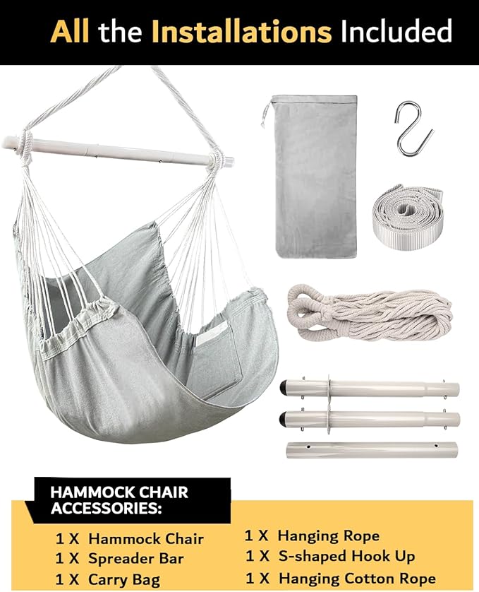 Lulladle Hammock Chair Hanging Rope Swing - Hammock Chair Bedrooms - Swing Chair Indoor - Hanging Chair Outdoor - Max Weight 500 Lbs