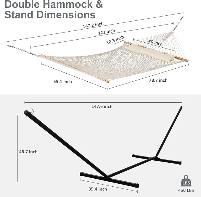 SUNCREAT Double Outdoor Hammock with Stand Included Portable Cotton Rope 2 Person Hammock for Outdoor Patio Garden Backyard Beige