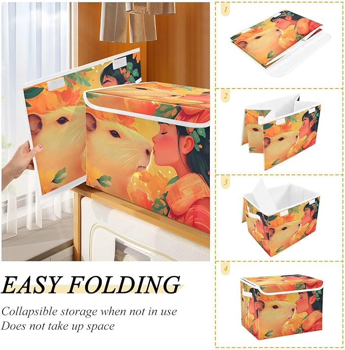 Storage Cube with Lid Capybara and Lady Print 16.5×12.6×11.8 IN Collapsible Large Capacity Foldable Storage Basket Bin Organizer