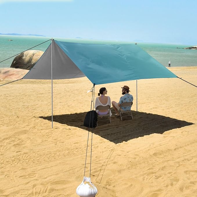 Blue Gradient Foldable Beach Cabana UPF50+ Water-Resistant Large Portable Sun Shelter with Sand Pockets for Camping Picnics Backyard &amp Fishing
