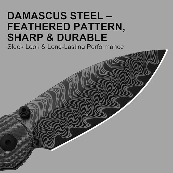 Kizer Phoca BD Pocket Knife 2.95 Drop Point Damascus Blade Folding Knives with Black Norplex UltreX™ Micarta Handle Thumb Stud EDC Knife for Men Women V3781BDA3