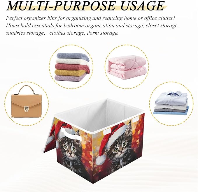 Storage Cube with Lid Cat Christmas Print 16.5×12.6×11.8 IN Collapsible Large Capacity Foldable Storage Basket Bin Organizer