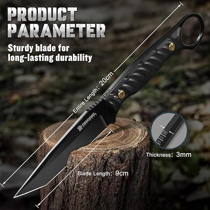 Tanto Fixed Blade Knife - Full Tang Survival Knives for Bushcraft Camping Knives with Sheath Black Knives Forged from a Single Piece of D2 Steel Ideal Gift for Men