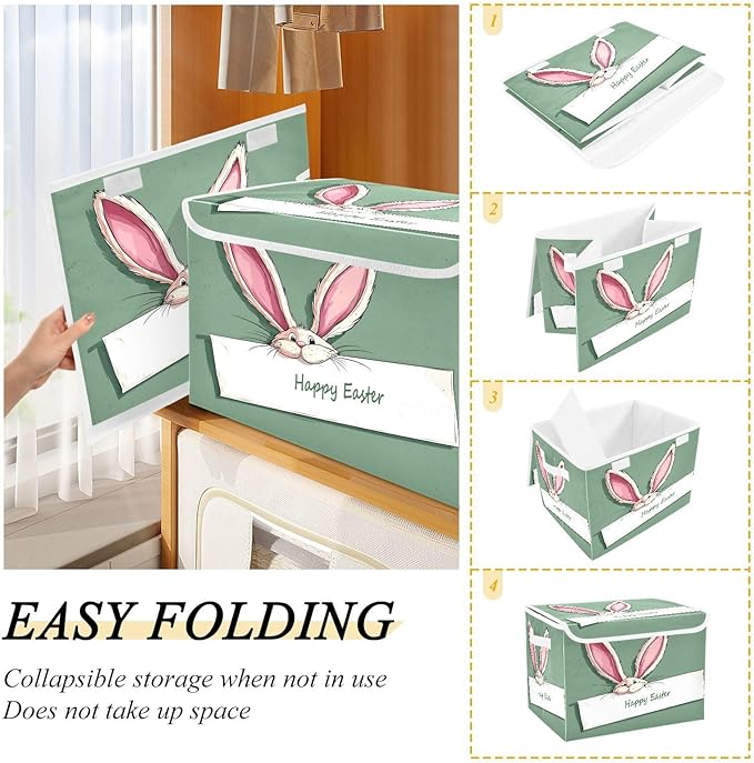 Happy Easter Storage Baskets with Lids Collapsible Bins Stackable Fabric Linen Baskets Closet Organizer Container 16.5x12.6x11.8