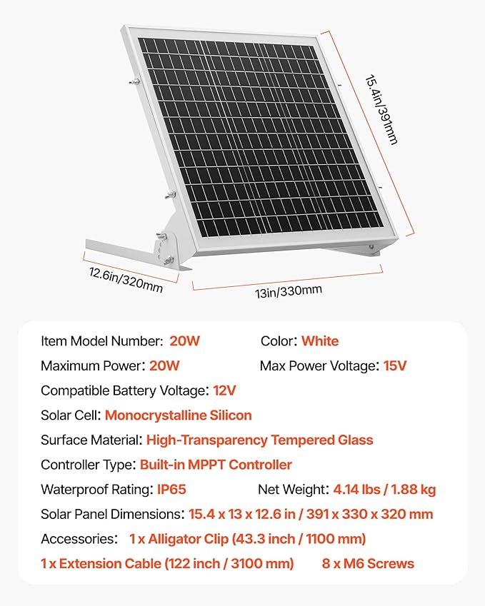 VEVOR 20W 12V Solar Battery Trickle Charger Maintainer Mono Solar Panel Battery Charger with Built-in MPPT Controller &amp Adjustable Mount Bracket IP65 Waterproof for Car Boat RV Trailer House Roo