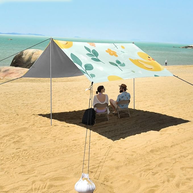 ALAZA Cute Duck Floral Leaves Beach Tent Sun Shelter Portable Canopy Sunshade for Outdoor Camping Picnics Backyard Fun 10x9 ft