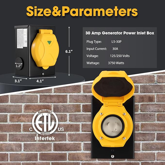 30 Amp Generator Power Inlet BoxNEMA L5-30P125V 3750 Watts Power Inlet Box for 3 Prong Generator Cord Generator Transfer Switch with Power Indicator Pre-Drilled ETL Listed