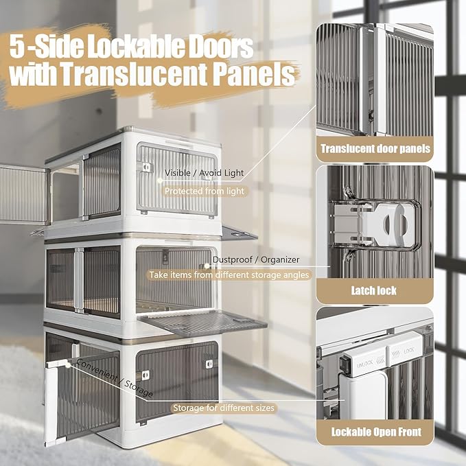 Stackable Storage Bins with Doors - 3 Tier 80Qt Each Plastic Collapsible Storage Bins with Wheels Foldable Storage Cabinet for Closet Organizers(60 Gal/240 Qt)