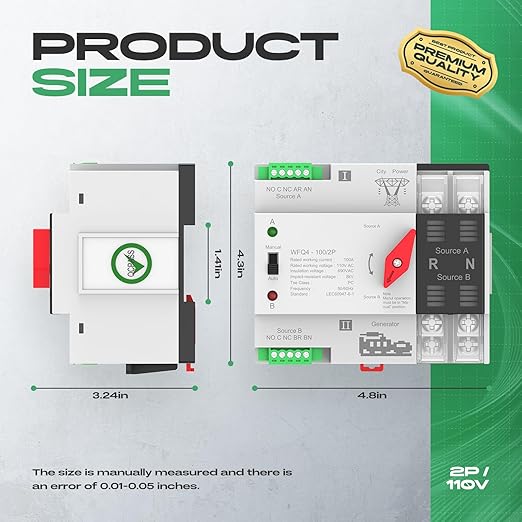 Automatic Transfer Switch 100A AC110V/220V Dual Power ATS 2P/4P Automatic/Manual Transfer Switch din Rail mounting for Home Generator RVPublic/Backup Power Supply