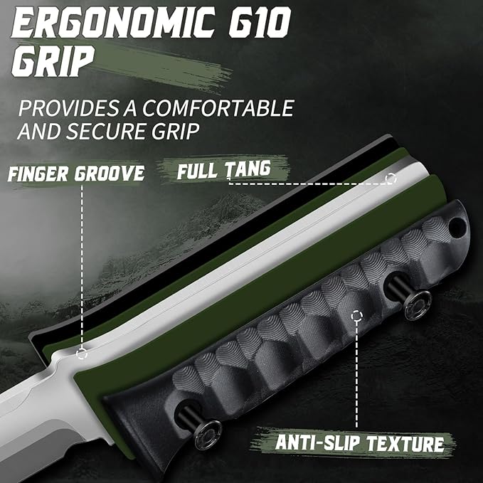 Dragon Creek Tactical Knife Kydex - Outdoor Fixed Blade Survival Knife with Sheath Full Tang Handle for Camping Hiking Christmas Thanksgiving Gift Men Green