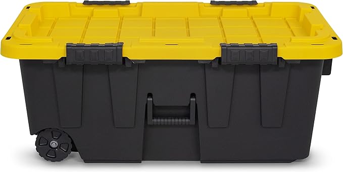 CX BLACK &amp YELLOW 20-Gallon Heavy Duty Tough Storage Footlocker &amp Snap-Tight Lid (13.4H x 18.2W x 32.3D) Weather-Resistant Design and Stackable Organization Tote [2 Pack]